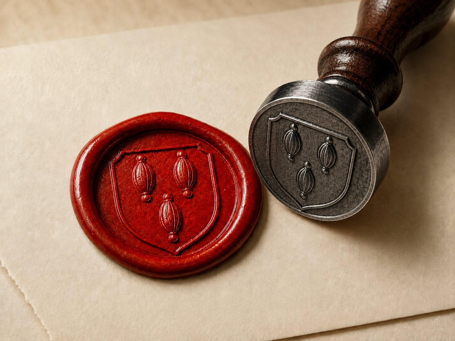 Sigillstamp i mörknat silver och ett avtryck i rött lack — skölden med de tre bojarna